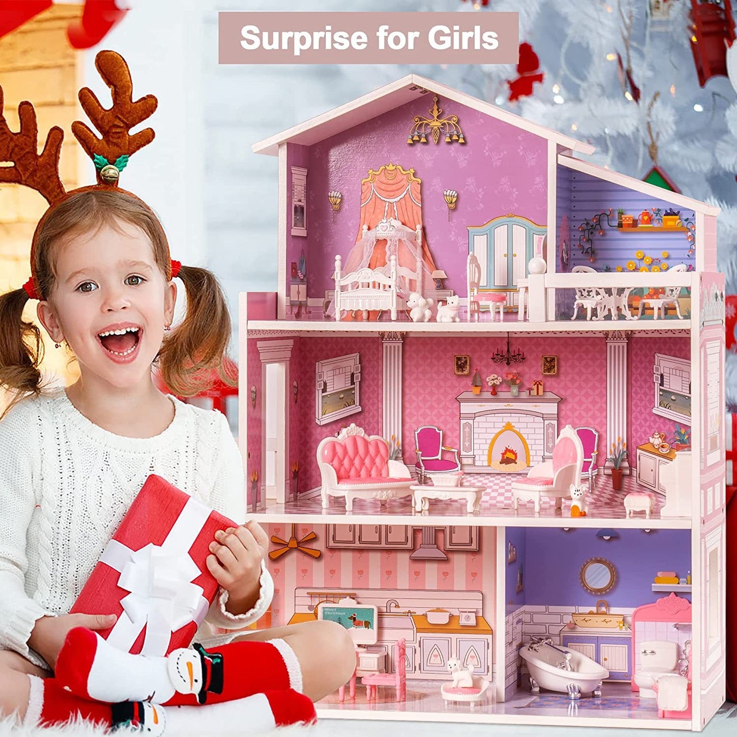 ROBOTIME 3 Levels Wooden Dollhouse Furniture Dreamhouse Girls Mansion Gift