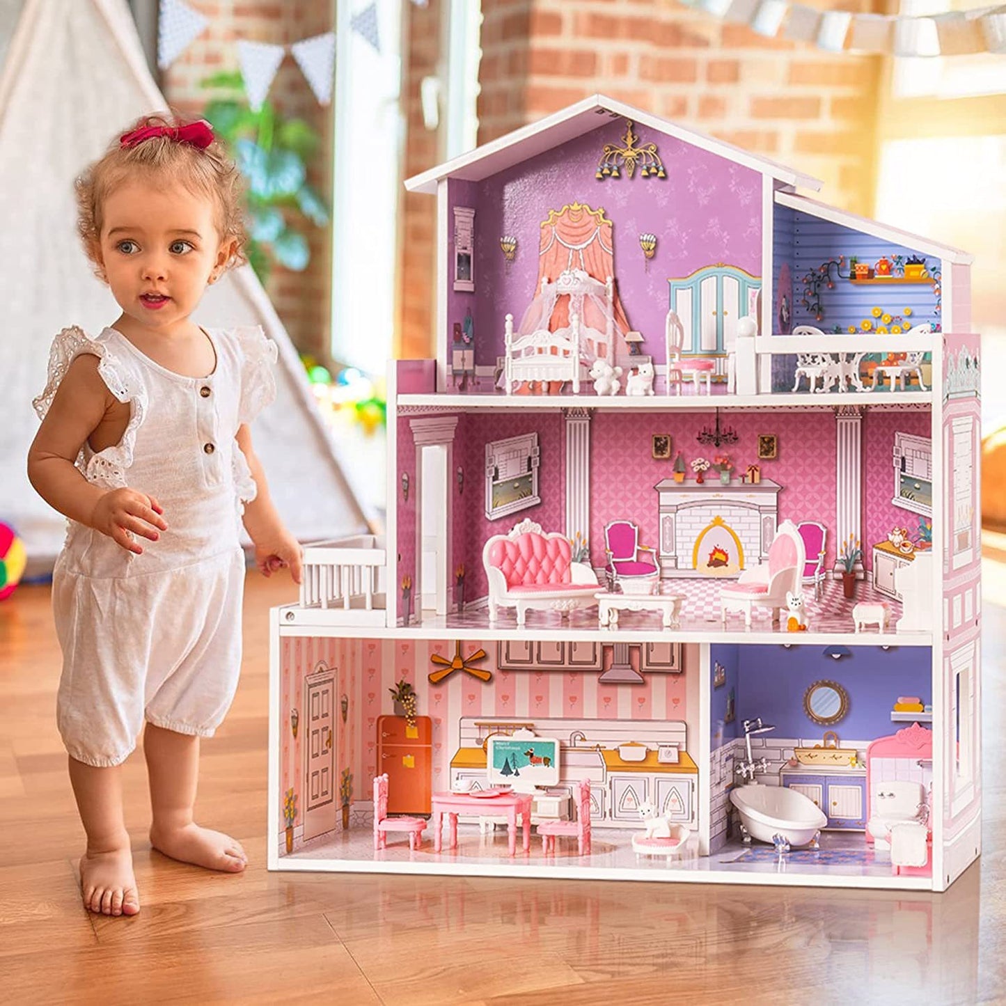 ROBOTIME 3 Levels Wooden Dollhouse Furniture Dreamhouse Girls Mansion Gift