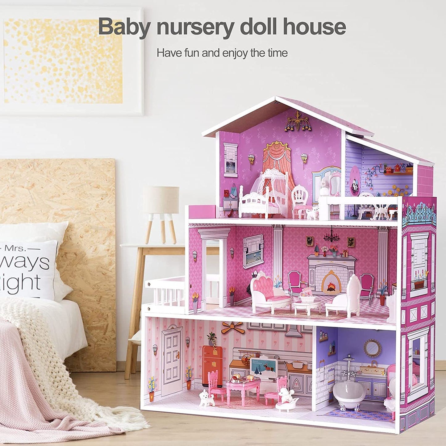ROBOTIME 3 Levels Wooden Dollhouse Furniture Dreamhouse Girls Mansion Gift